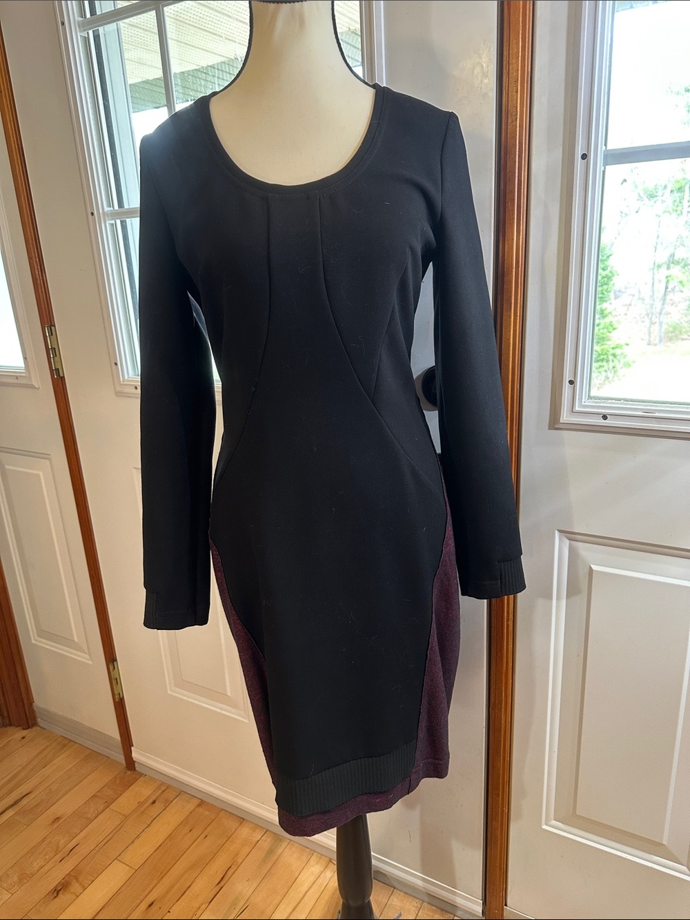 Hugo Boss Black Long-Sleeve Wool-blend Ponte Dress with Pink Marle Panels